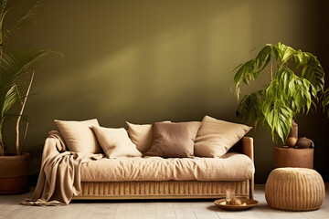 Wall mockup in earth tones with linen sofa