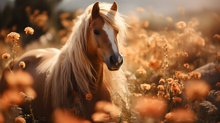 beautiful young horse in autumn field  with flowers