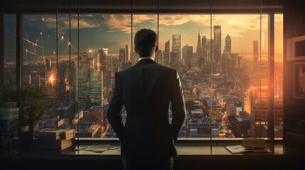 Fototapeta premium Businessman looking at the city from the window of a skyscraper of the city at sunset, view from the back