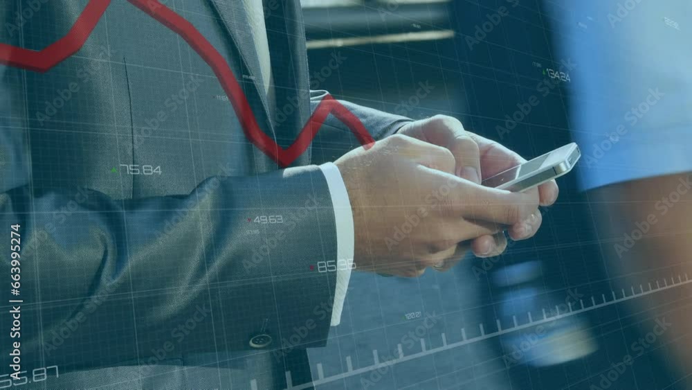 Poster animation of graph, changing numbers, midsection of caucasian businessman using cellphone