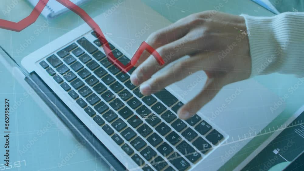 Poster animation of graph, numbers, cropped hands of caucasian man working on laptop and writing in notepad