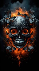Metal black skull on fire from butterflies and smoke and flowers isolated black background, Day of the Dead, Tattoo design. Digital illustration for printing t-shirts, prints, posters, cards, stickers