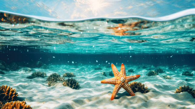 Starfish in the sand underwater, beautiful blue sea  phylum Echinodermata on a sunny day. 