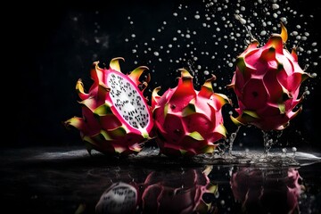 dragon fruit on splash of water, generative AI