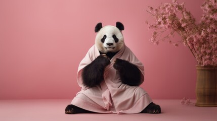Giant panda bear in pink kimono, doing karate exercise