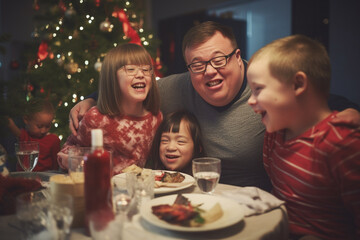 Happy family witj children with Down syndrome eating festive Christmas dinner  at home. Generative AI