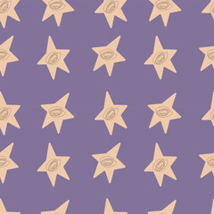 Seamless vector pattern with cartoon stars on a purple background. Children's ornament with doodles.
