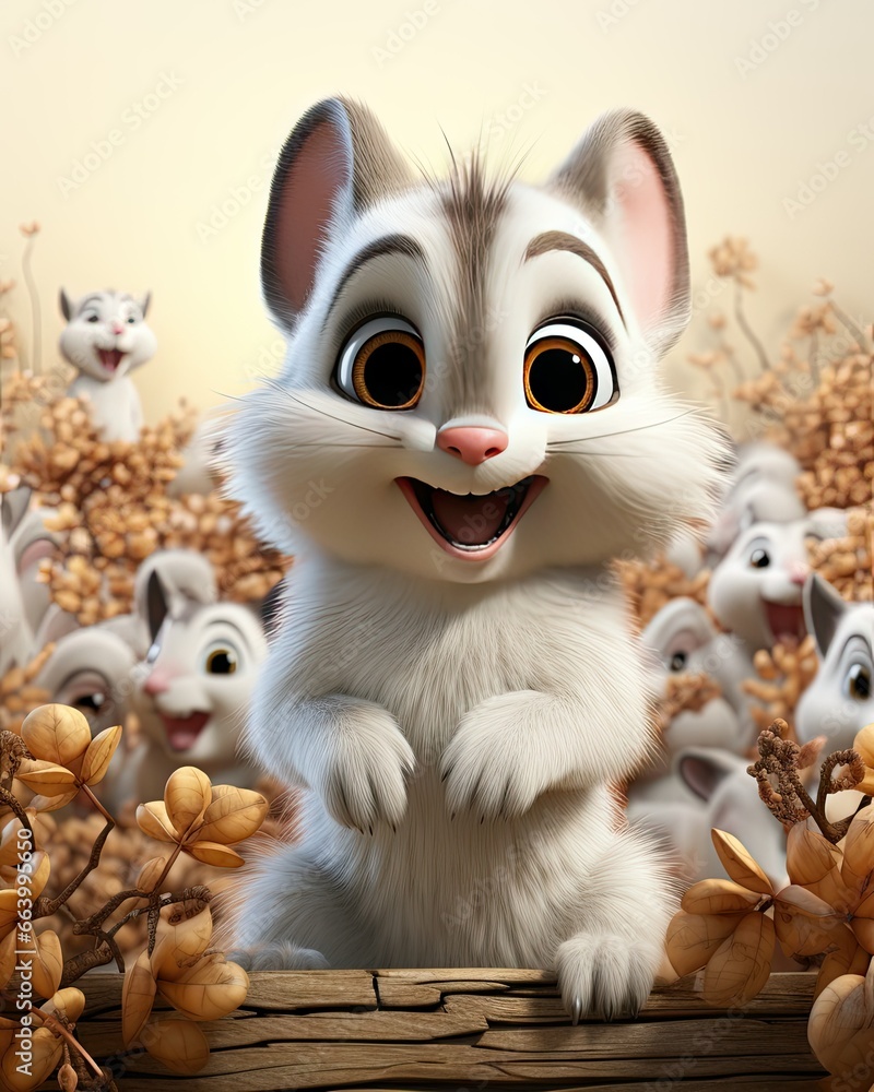 Poster a cartoon character is standing in front of a group of mice. generative ai