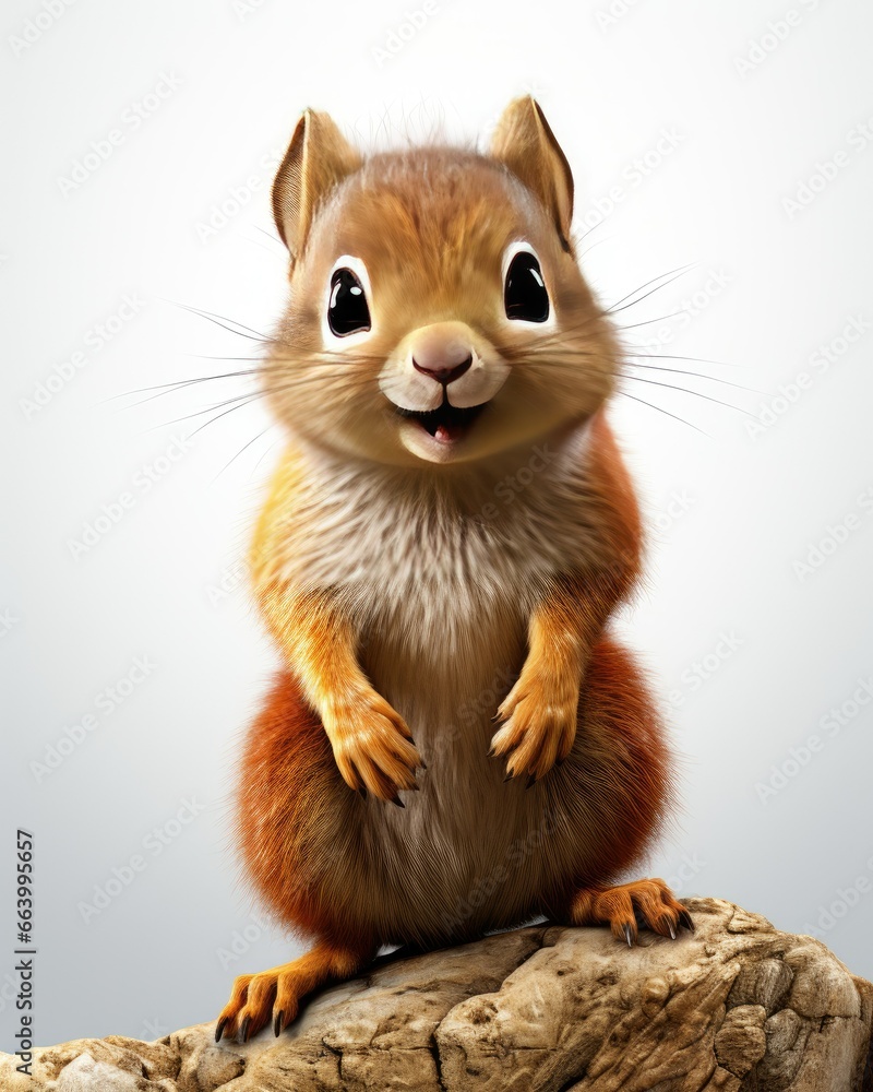 Poster a squirrel is sitting on a rock and smiling at the camera. generative ai
