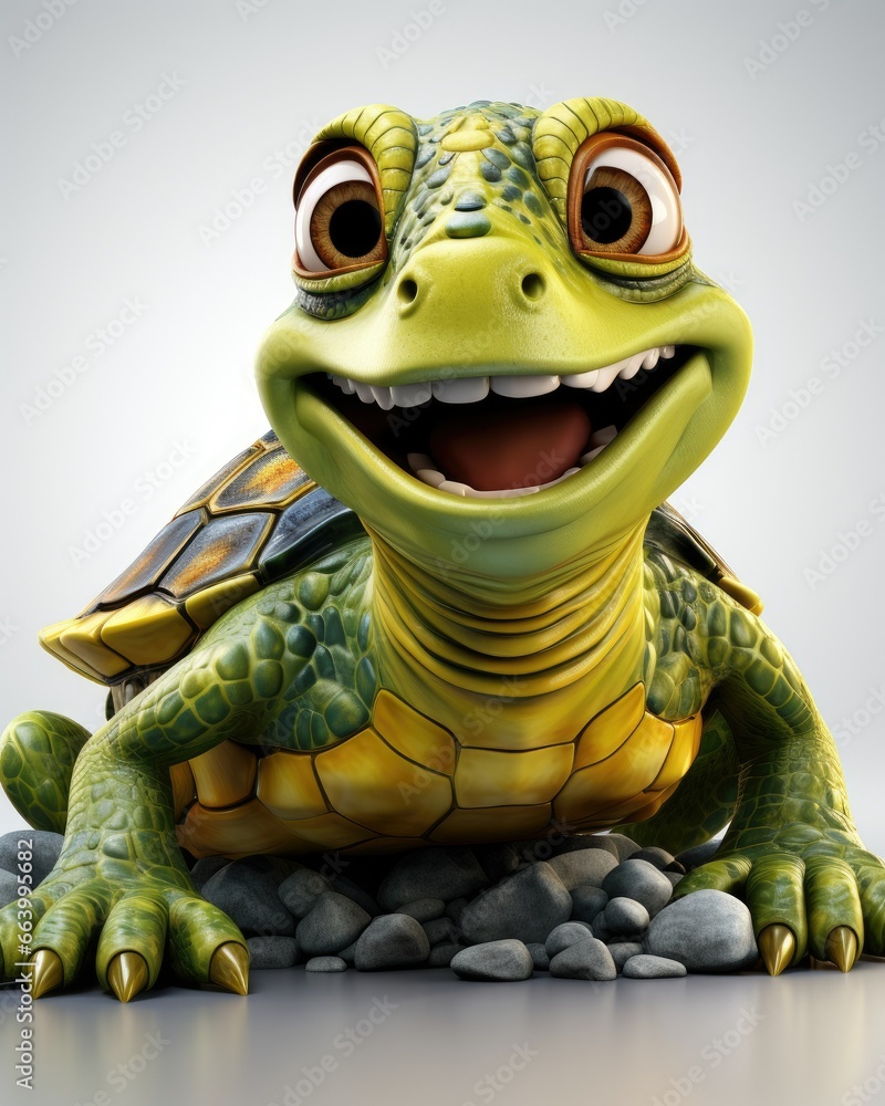 Poster a smiling turtle with big eyes and a turtle shell on its back. generative ai