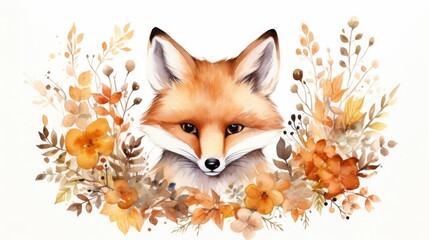 Obraz premium watercolor little fox in flower bouquet, baby cute animal fox.Childish clipart for nursery.
