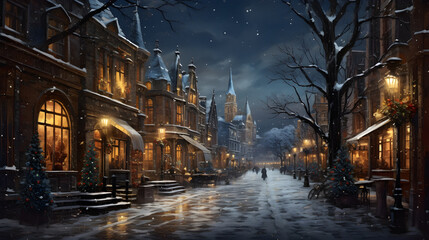 christmas night street with lanterns and snow