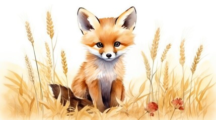 Obraz premium watercolor little fox in flower bouquet, baby cute animal fox.Childish clipart for nursery.