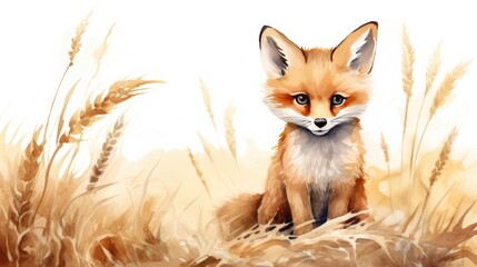 Obraz premium watercolor little fox in flower bouquet, baby cute animal fox.Childish clipart for nursery.