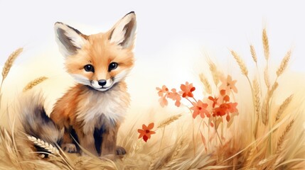 watercolor little fox in flower bouquet, baby cute animal fox.Childish clipart for nursery.