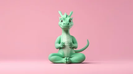 Tuinposter cute green dragon sit in Lotus pose, pink background © Maryna