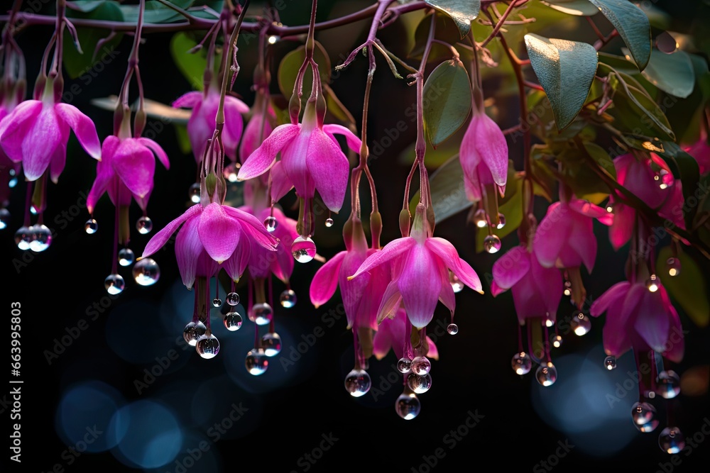 Poster a bunch of flowers that are hanging from a tree branch. generative ai