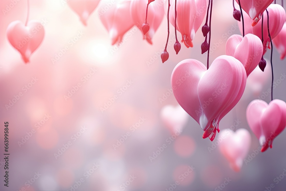 Poster a bunch of pink hearts hanging from a string on a string. generative ai