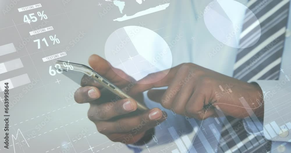 Poster animation of infographic interface over midsection of biracial man swiping on cellphone