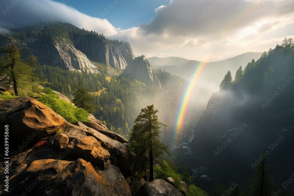 Poster a rainbow in the sky over a mountain range with trees. generative ai