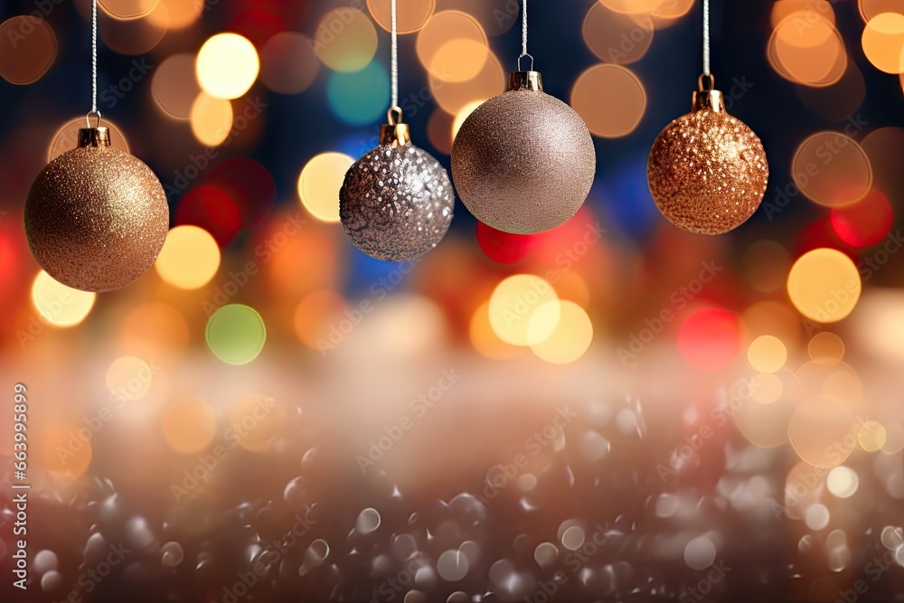 Poster a group of christmas ornaments hanging from a string with lights in the background. generative ai