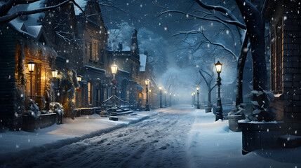 christmas night street with lanterns and snow - obrazy, fototapety, plakaty