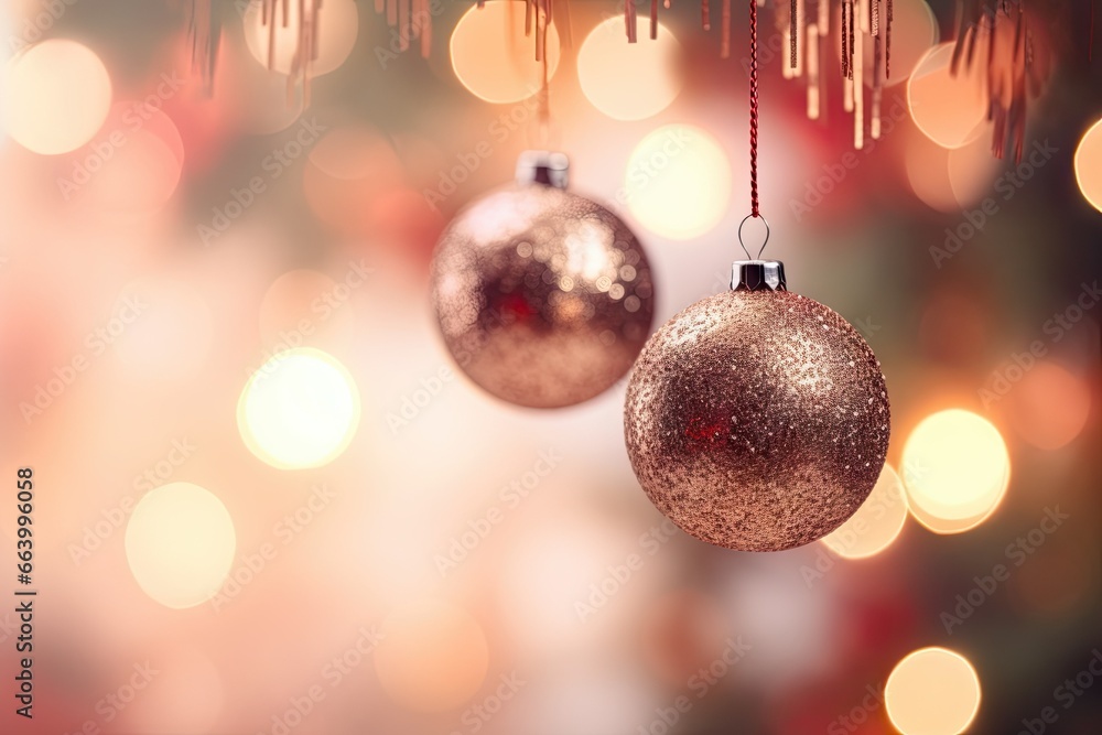 Poster two shiny ornaments hanging from a string on a christmas tree. generative ai