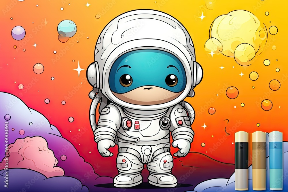 Aufkleber a cartoon character in a space suit standing in front of some books. generative ai