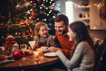 Obraz na płótnie Canvas Happy family witj children with Down syndrome eating festive Christmas dinner at home. Generative AI