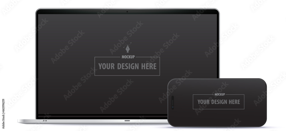 Poster laptop computer and mobile phone with black 16:9 aspect ratio screens. blank digital devices vector 