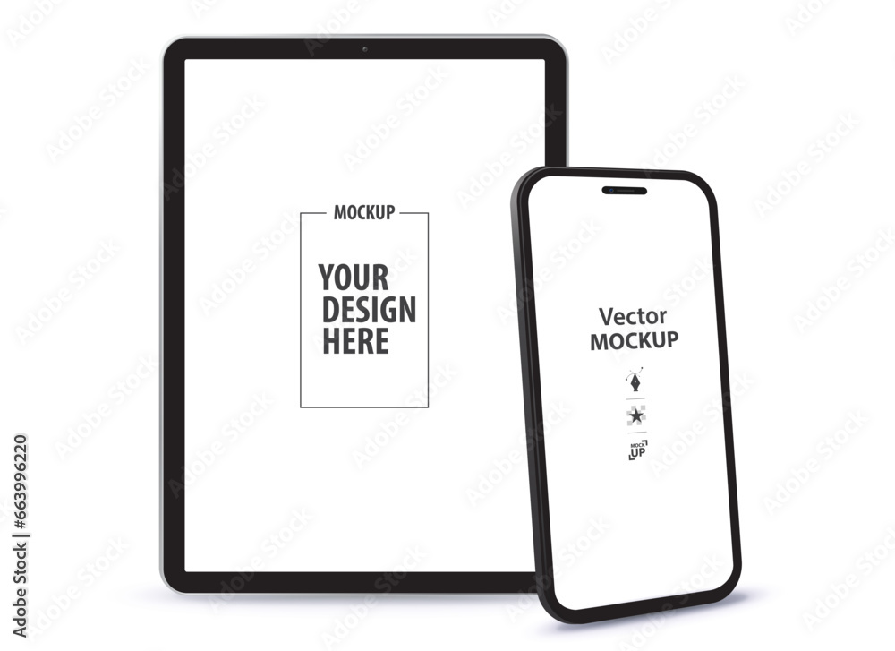 Poster tablet computer and mobile phone vector mockup with perspective view. blank screen digital devices i