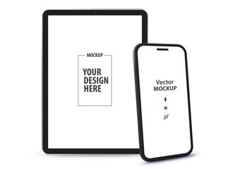 Tablet Computer and Mobile Phone Vector Mockup With Perspective View. Blank screen digital devices isolated on white background.