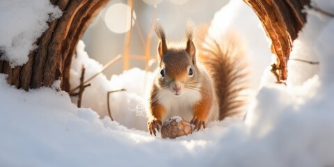  A Close-Up of a Squirrel Busy Burying Acorns in the Snow, Nature's Preparation for the Chilly Season - obrazy, fototapety, plakaty