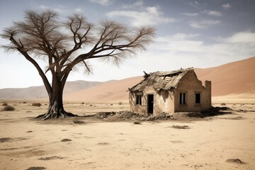 Deserted house and lifeless tree in dry terrain, symbolizing environmental change and shown graphically. Generative AI
