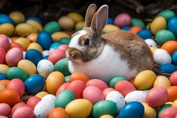 Fototapeta na wymiar Rabbit surrounded by colorful eggs. Generative AI