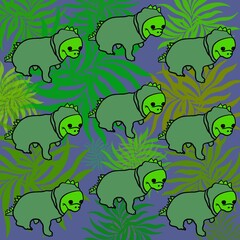 seamless pattern with dragon background with animals dinosaur, lizard, snake, green, leaves, antiquity, vegetation