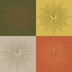 Vintage illustration of retro, sunburst wall clock on 4 color squares with retro color palette of olive green, coral orange, lemon yellow and soft beige.
