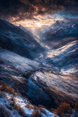 Christmas tree in a winter forest, snow covered mountains, beautiful nature at sunset, dark dramatic sky