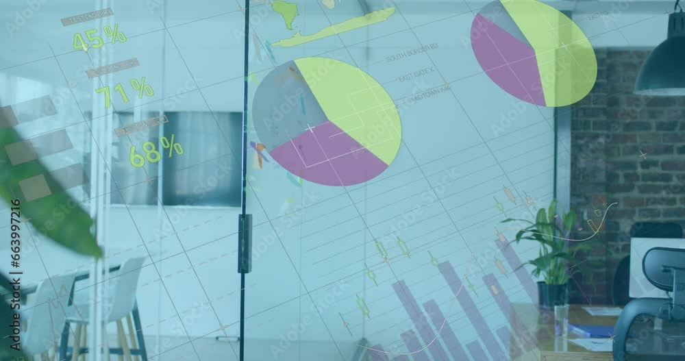 Poster animation of multicolored infographic interface over empty cabin of office