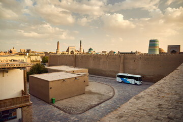 Tourist Bus in ancient city at Khiva in Uzbekistan