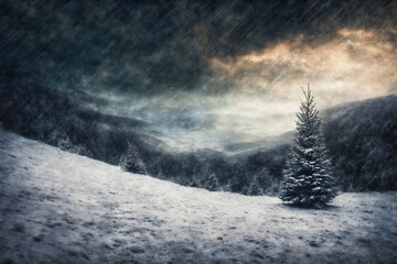 Christmas tree in a winter forest, snow covered mountains, overcast, hard and beautiful nature,dark dramatic sky