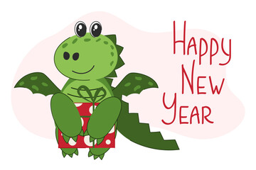 New year greeting card with baby dragon. Cute symbol of 2024. Vector illustration. 