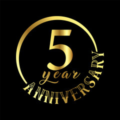 5 year anniversary celebration Anniversary logo with golden color vector illustration.