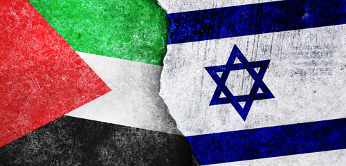 Israel vs Palestine conflict concept, Flags of Israel and Palestine flag on concrete Grunge Wall Background