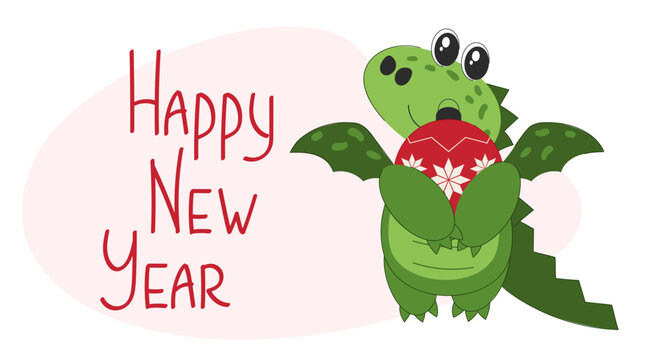 Happy new year card with dragon. Cute cartoon baby dino character. Vector greeting card. 