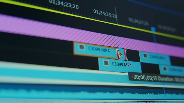 Close up view of Video editing on a computer. Monitor the computer and capture the work of the program for video editing, Video processing