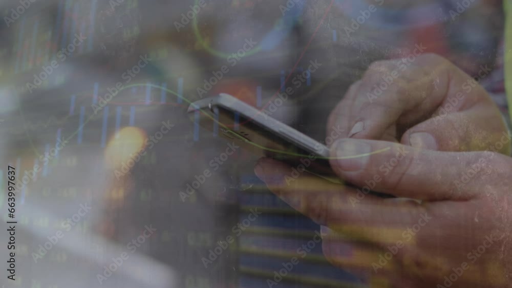 Poster Animation of loading circle and trading board, midsection of biracial man scrolling on smartphone
