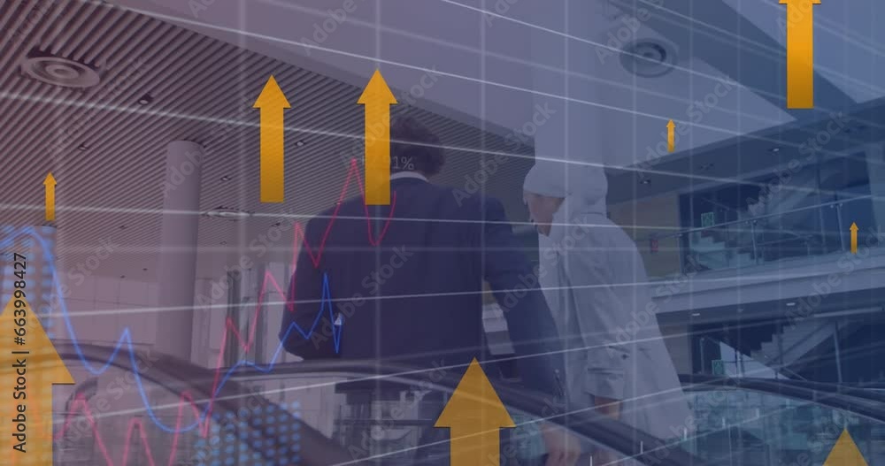 Poster animation of arrows, graphs with changing numbers, diverse coworkers using escalator