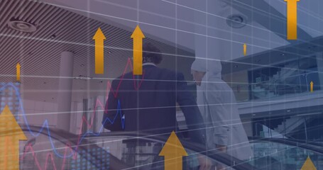 Animation of arrows, graphs with changing numbers, diverse coworkers using escalator - Powered by Adobe