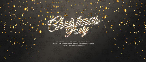 Editable Text Effect 金色の紙とコインが煌めく黒い雪の結晶の背景にメタリックに輝く「Christmas Party」 - 